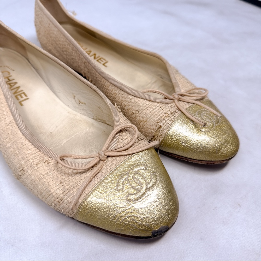CHANEL Vintage Y2K Raffia Woven CC Coco Mark Leather Cap Toe Ballet Flats 38.5 - Picture 2 of 14